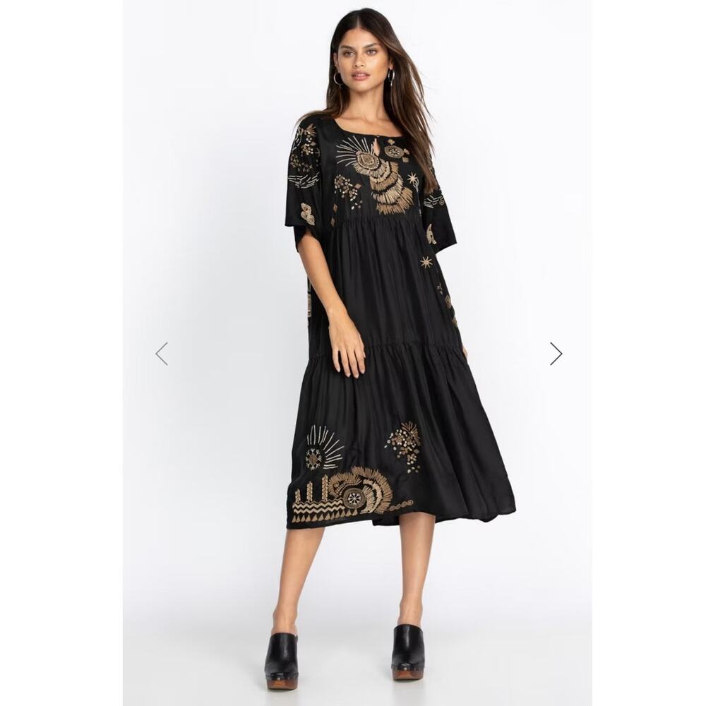 Johnny Was Black Midi Dress with Gold Embroidery